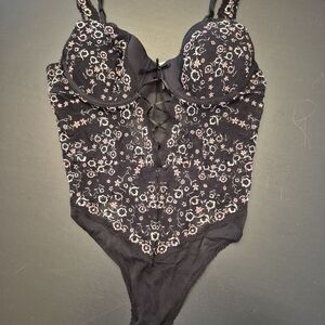 La Vie En Rose Black Floral Lace Bodysuit with Pink Accents